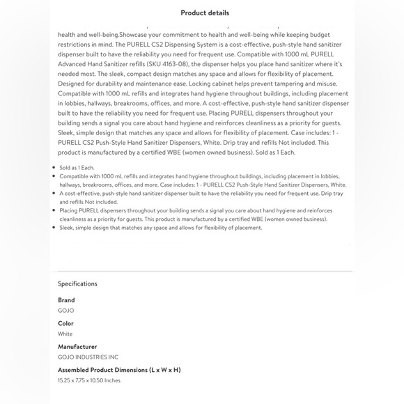 5 Piece PURELL CS2 Manual Hand Sanitizer Dispenser 1.06 quart Durable Wall Mount - Picture 4 of 4